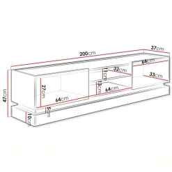 Mobile TV 200x47h cm 2 ante a ribalta 2 vani a vista nero rovere Rhea