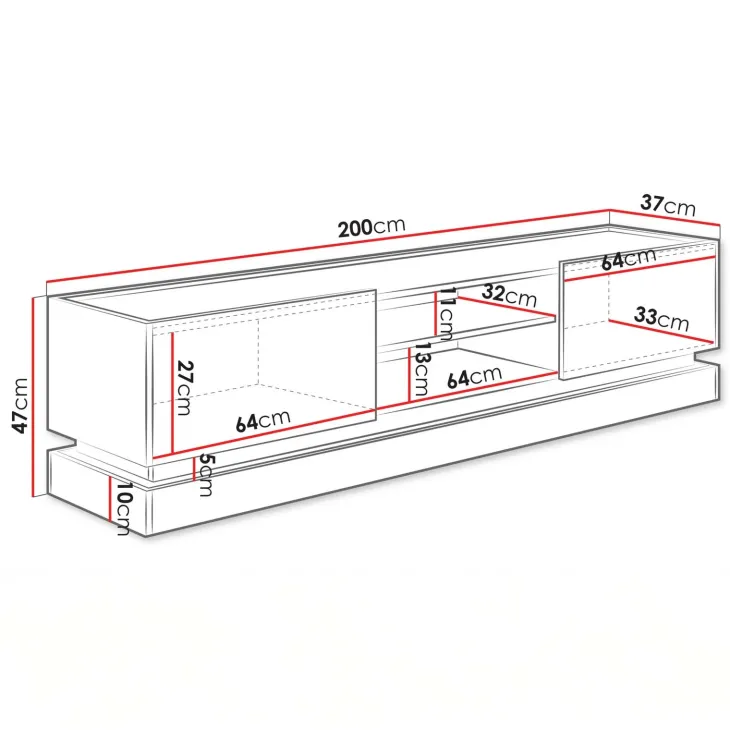 Mobile TV 200x47h cm 2 ante a ribalta 2 vani a vista nero rovere Rhea