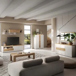 Mobile TV 207x58h cm 2 ante 1 cassetto con led bianco lucido rovere chiaro Istria