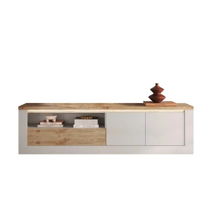 Mobile TV 207x58h cm 2 ante 1 cassetto con led bianco lucido rovere chiaro Istria