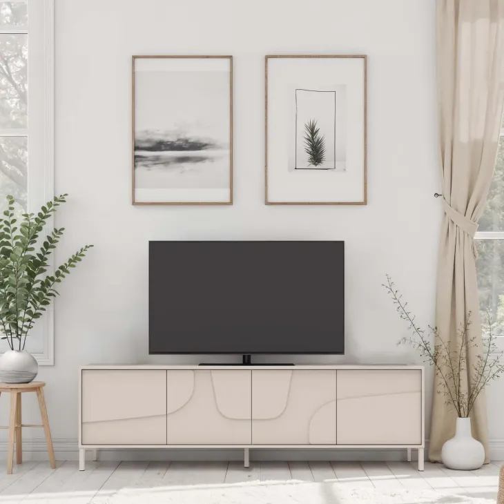 Mobile TV 205x62h cm 4 ante design in rilievo con piedini beige cashmere Sonia