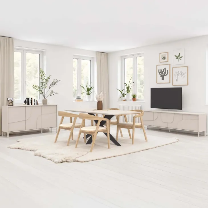 Mobile TV 205x62h cm 4 ante design in rilievo con piedini beige cashmere Sonia