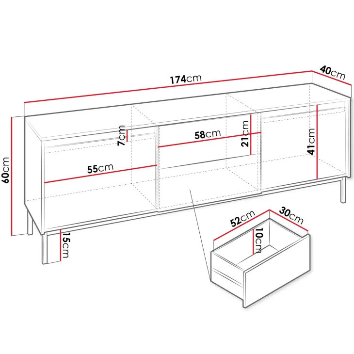 Mobile TV 174x60h cm 2 cassetti design cannettato nero Strike