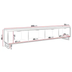 Mobile TV 200x40h cm design rustico cannettato rovere nero List