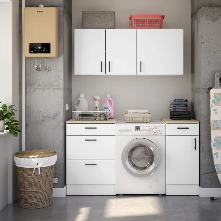 Mobili lavanderia completa 160 cm componibile bianco lucido rovere Kimera