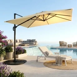 Ombrellone da giardino 3x3m orientabile a 360° con palo laterale telo ecrù struttura nera Levante