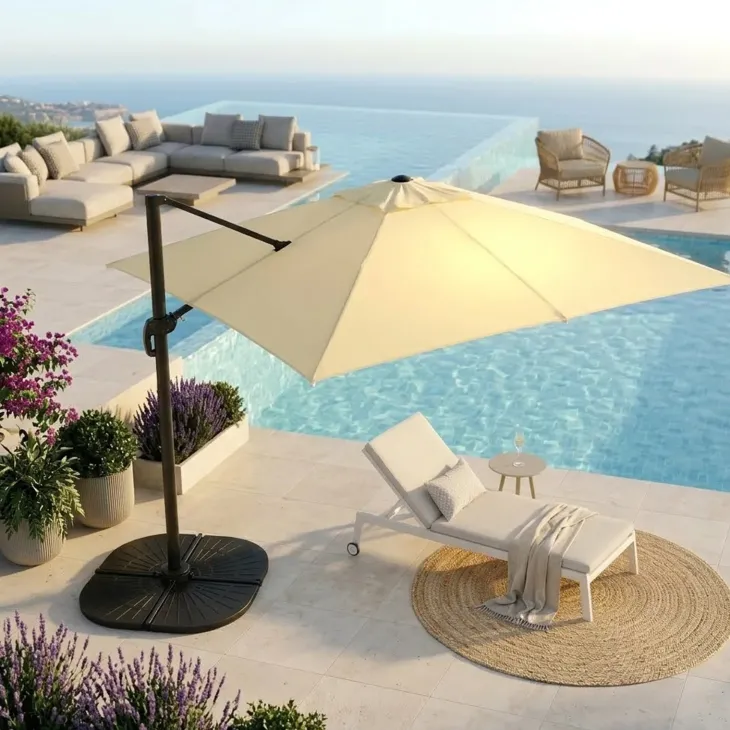 Ombrellone da giardino 3x3m orientabile a 360° con palo laterale telo ecrù struttura nera Levante