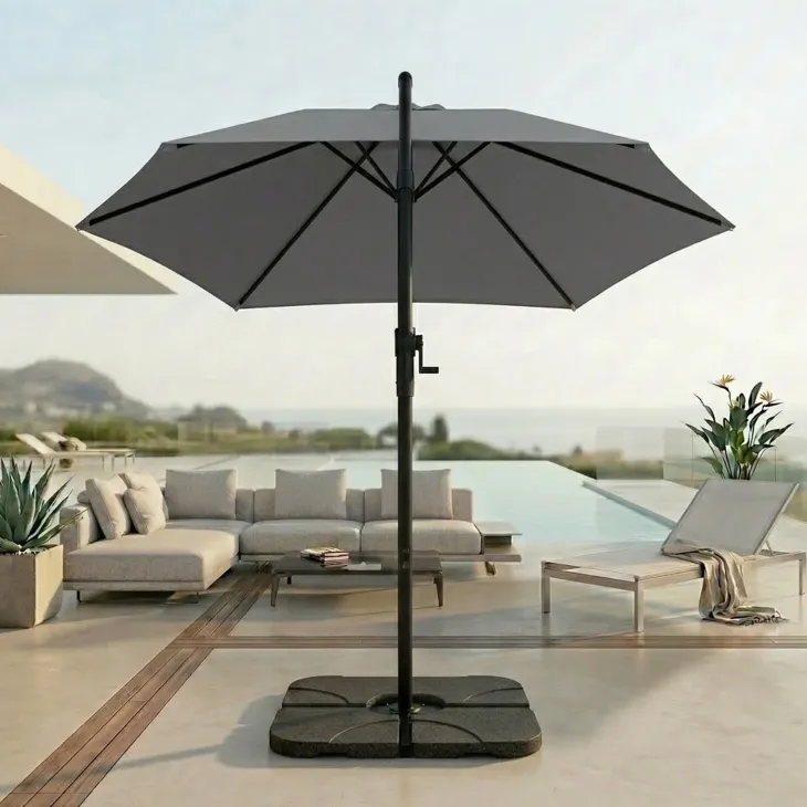 Ombrellone rotondo Ø3m con palo laterale telo grigio struttura nera Ibiza