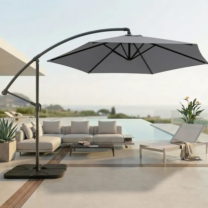Ombrellone rotondo Ø3m con palo laterale telo grigio struttura nera Ibiza