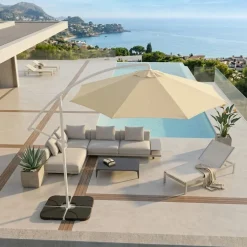 Ombrellone rotondo Ø3m con palo laterale telo ecrù struttura bianca Ibiza