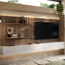 Pannello cannettato a muro 138x100h cm con 2 mensole rovere scuro Sunset Decor