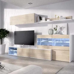 Parete attrezzata componibile 260x175h cm rovere bianco lucido Emily