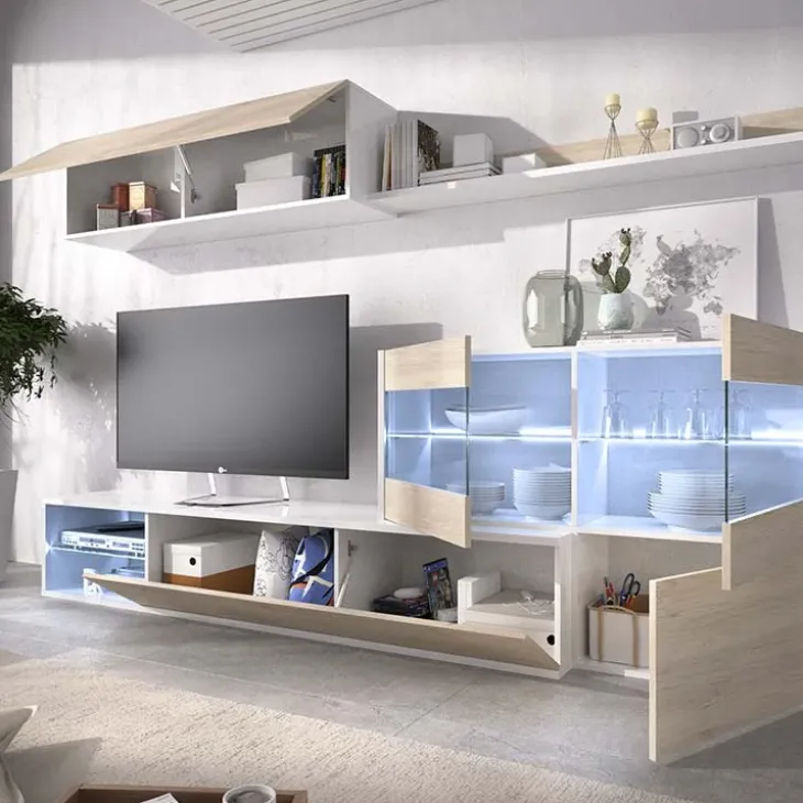 Parete attrezzata componibile 260x175h cm rovere bianco lucido Emily