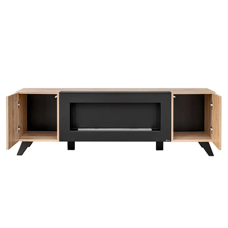 Parete attrezzata con biocamino 340x192h cm noce con stampa nera Mendes