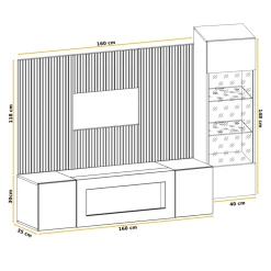 Parete attrezzata con biocamino 200x150h cm pannello effetto cannettato grigio perla rovere Luvox