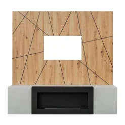 Parete attrezzata con biocamino 160x120h cm pannello effetto geometrico grigio perla rovere Luvox