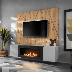 Parete attrezzata con biocamino 160x120h cm pannello effetto geometrico grigio perla rovere Luvox