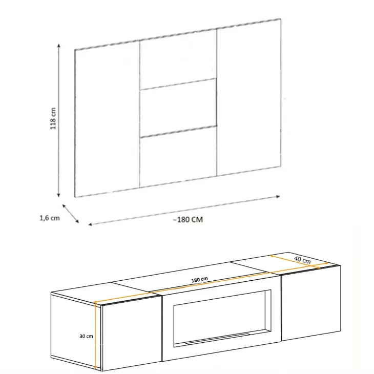 Parete attrezzata con biocamino 180x148h cm con 2 ante a ribalta rovere Geo 20