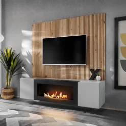 Parete attrezzata con biocamino 160x120h cm pannello effetto cannettato grigio perla rovere Luvox