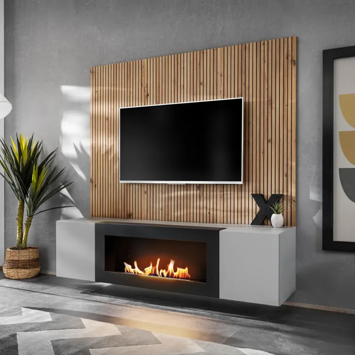 Parete attrezzata con biocamino 160x120h cm pannello effetto cannettato grigio perla rovere Luvox