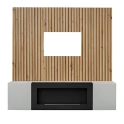 Parete attrezzata con biocamino 160x120h cm pannello effetto cannettato grigio perla rovere Luvox