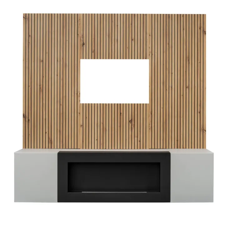 Parete attrezzata con biocamino 160x120h cm pannello effetto cannettato grigio perla rovere Luvox