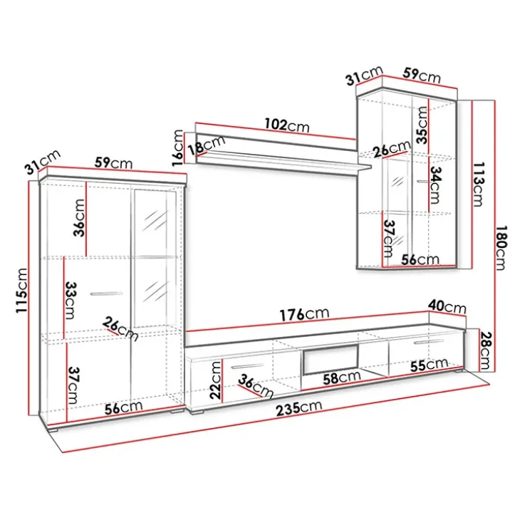 Parete attrezzata con vetrina 235x180h cm bianco nero Leeds