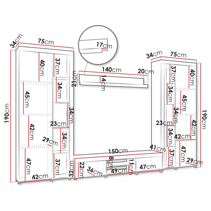 Parete attrezzata soggiorno 300x190h cm con porta tv rovere Haarlem