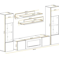 Parete attrezzata sospesa 260x170h cm con biocamino e vetrine rovere Ignis 6 Gihome®