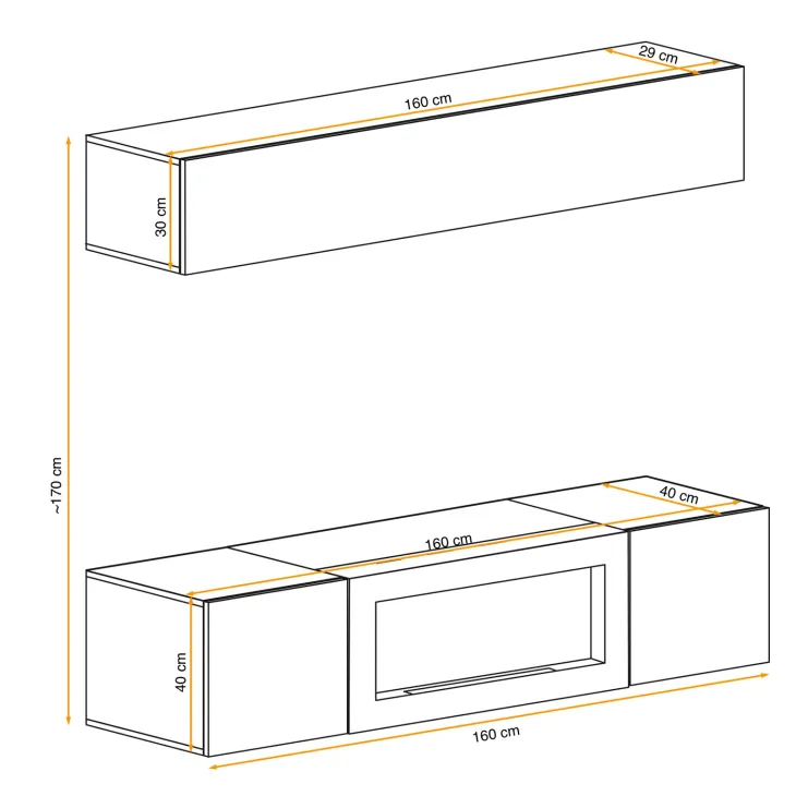 Parete attrezzata sospesa 160x150h cm con biocamino rovere Ignis 2 Gihome®