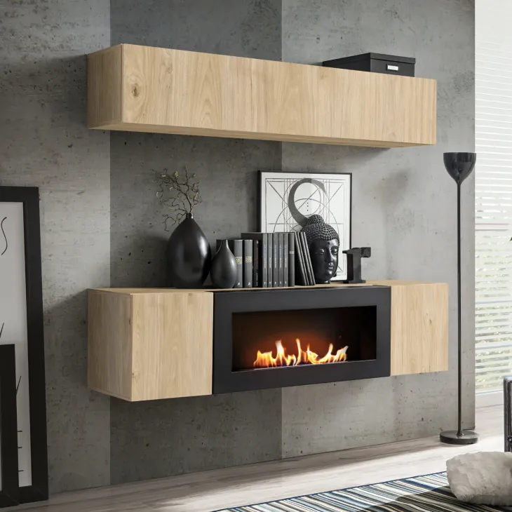 Parete attrezzata sospesa 160x150h cm con biocamino rovere Ignis 2 Gihome®