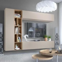 Parete attrezzata sospesa 224x160h cm moderna beige cashmere rovere Artemisia