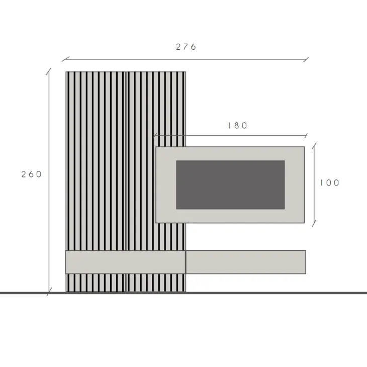 Parete attrezzata sospesa 276x260h cm con pannello cannettato grigio chiaro scuro rovere scuro Sunset Decor 1032