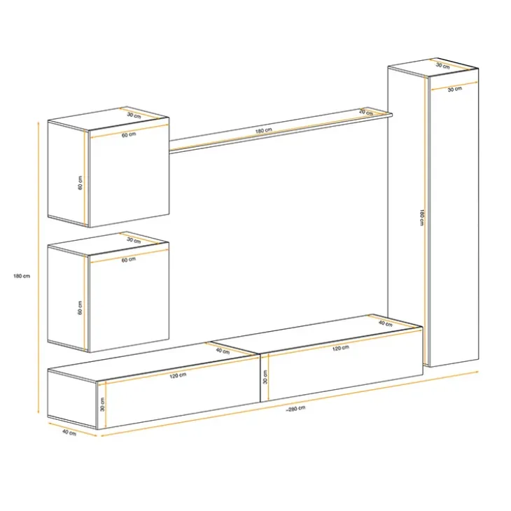Parete attrezzata sospesa 280x180h cm bianco opaco e lucido Geo 07
