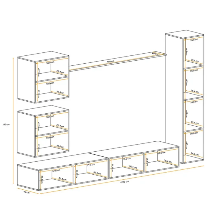 Parete attrezzata sospesa 280x180h cm bianco opaco e lucido Geo 07