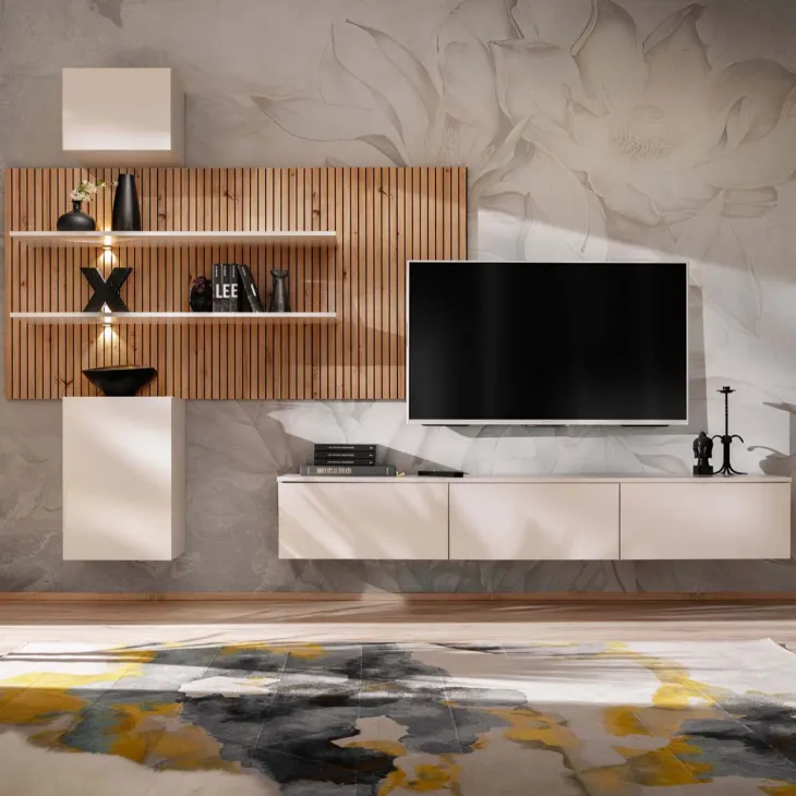 Parete attrezzata sospesa 280x180h cm beige cashmere rovere con stampa nera Barcellona