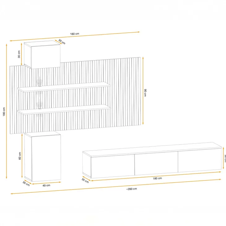 Parete attrezzata sospesa 280x180h cm beige cashmere rovere con stampa nera Barcellona