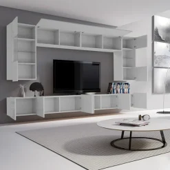 Parete attrezzata sospesa 300x185h cm porta tv con vetrine bianco lucido Mons