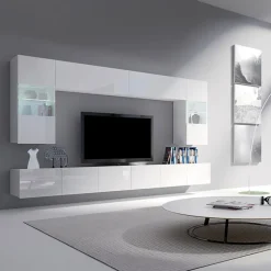 Parete attrezzata sospesa 300x185h cm porta tv con vetrine bianco lucido Mons