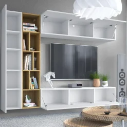 Parete attrezzata sospesa 224x160h cm moderna bianco rovere Artemisia