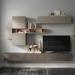 Parete attrezzata sospesa 276x190h cm moderna marrone tortora rovere Sunset 44