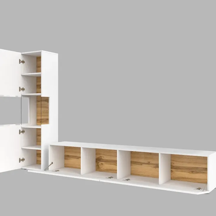 Parete attrezzata sospesa 226x140h cm bianco rovere Fusion 1