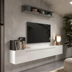Parete attrezzata sospesa 210x180h cm moderna grigio bianco lucido Sunset 48