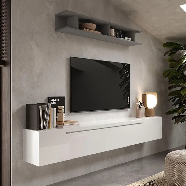 Parete attrezzata sospesa 210x180h cm moderna grigio bianco lucido Sunset 48