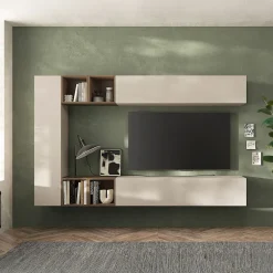 Parete attrezzata sospesa 223x195h cm moderna beige rovere scuro Sunset 83
