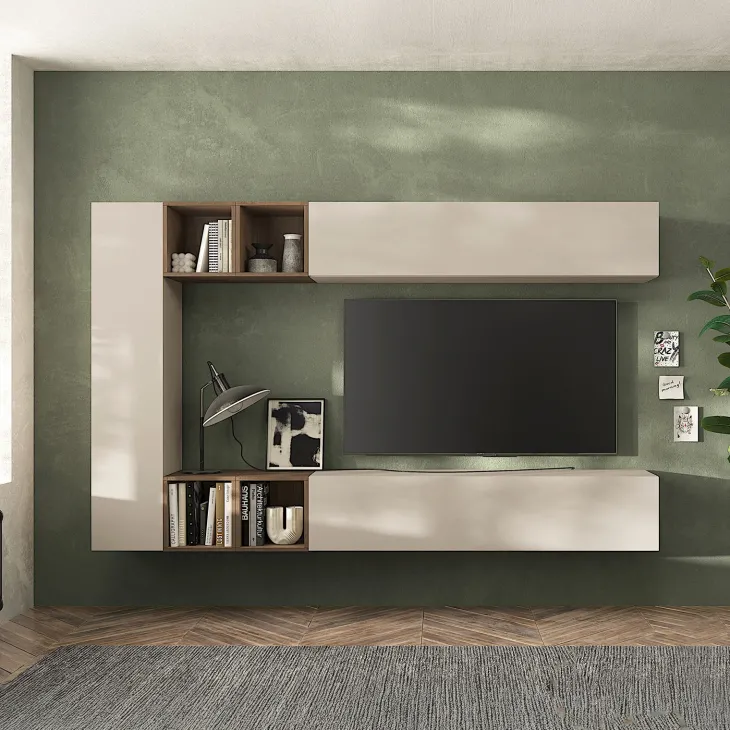 Parete attrezzata sospesa 223x195h cm moderna beige rovere scuro Sunset 83