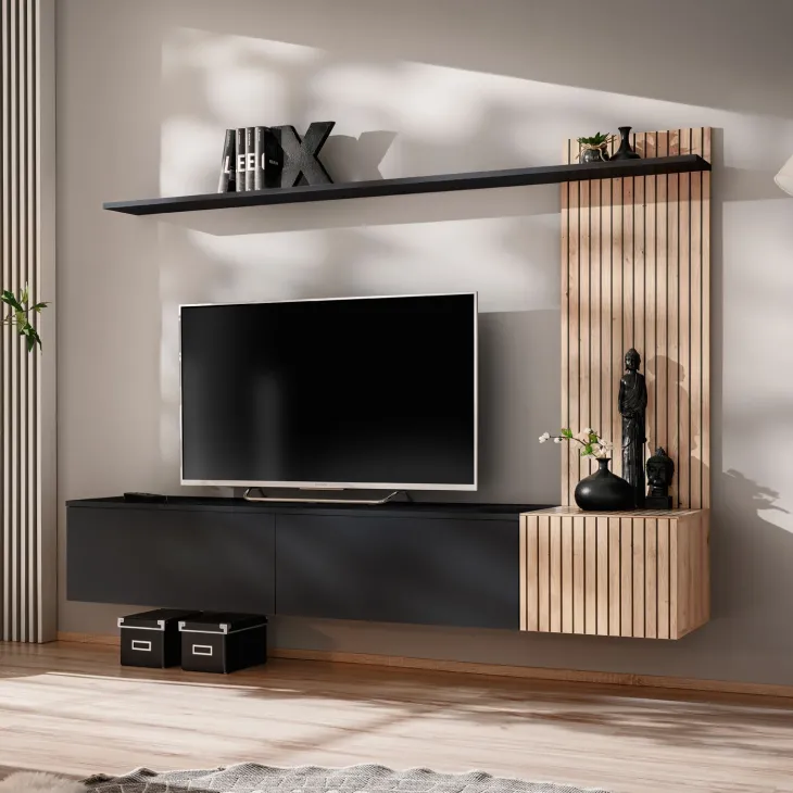 Parete attrezzata sospesa 180x132h cm cannettato nero opaco e rovere Zyra