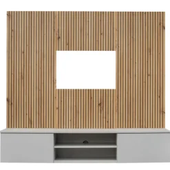 Parete attrezzata sospesa 160x120h cm pannello effetto cannettato grigio perla rovere Luvox