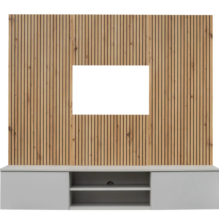 Parete attrezzata sospesa 160x120h cm pannello effetto cannettato grigio perla rovere Luvox