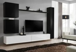 Parete attrezzata sospesa 280x180h cm moderna bianco e nero lucido Geo 07